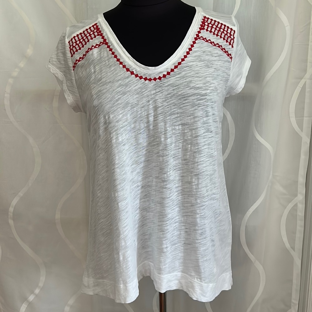 Loft, Vintage Soft, White, Short Sleeve With Red Embroidery Top, Size Small